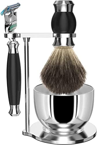 Ensemble de rasage GRUTTI, couteau de luxe pour rasoir et support de pinceau avec bol de savon Cadeaux pour les hommes Rasage brosse de blaireau et manche de rasoir compatible avec Fusion 5