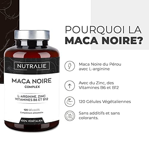 Maca Noire du Pérou 32000mg - Extra Forte L-Arginine Zinc B6 B12 [PRIX 2021] Énergie Performance - Maca pour Homme Bio-Disponible - Haute concentration 20:1-120 gélules Nutralie (Sans additifs)