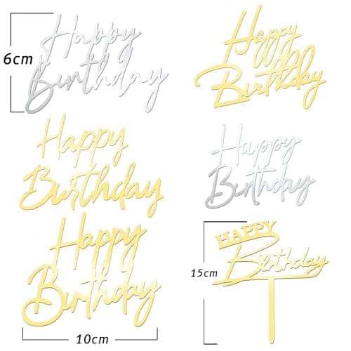 Irikdescia Lot de 6 décorations de gâteau Happy Birthday, différentes formes pour faire briller les gâteaux d'anniversaire, en acrylique, accessoires de fête d'anniversaire (doré, argent)