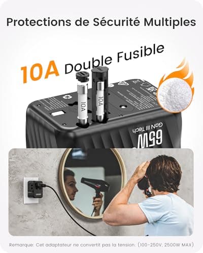 LENCENT 65W GaN III Adaptateur prise électrique avec 2 PD3,0 USB C+2 QC USB A Prise voyage universelle Téléphone PC Charge Rapide international vers UK USA AUS Canada Italie Chine Japon Thaïlande Noir