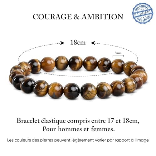 VERTIGE Bracelet de lithothérapie Œil DE TIGRE, Pierres 8mm Minérales, Source de bien être, Apporte AMBITION et CONFIANCE EN SOI, Bracelet Femme/Homme
