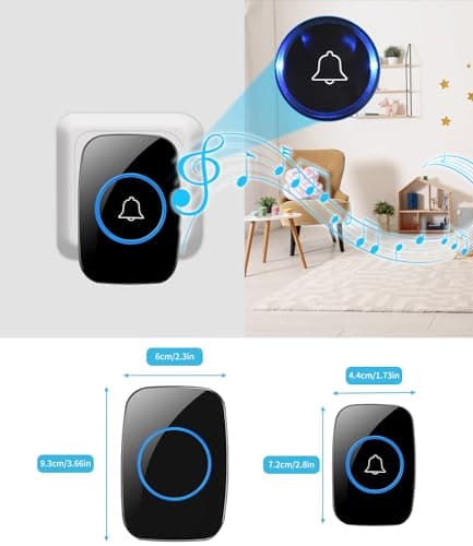 JOFLVA Sonnette Sans Fil,5 Niveaux Volumes 60 Mélodies Au Et Indicateur Led,300M Un Emetteurs Avec Un Récepteur Enfichable,Wireless Doorbell Niveau d'étanchéité IP55 Ensemble de étanche