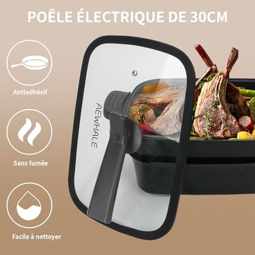 AEWHALE Grille Électrique Multifonction 3 en 1, 1500W Gril Plat Électrique et Poêle Profonde, Anti-adhésif Revêtement Multifonction pour Griller, Saisir, Cuire à la Vapeur, Mijoter, Bouillir