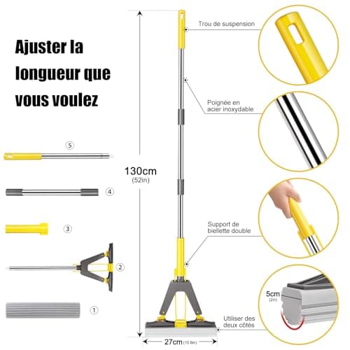 Myiosus Balai Eponge avec Essorage, Balai Serpillere avec 3 éponge PVA absorbante et Réutilisables, Poignée Réglable de 130 cm, Vadrouille éponge pour Nettoyage de Sol