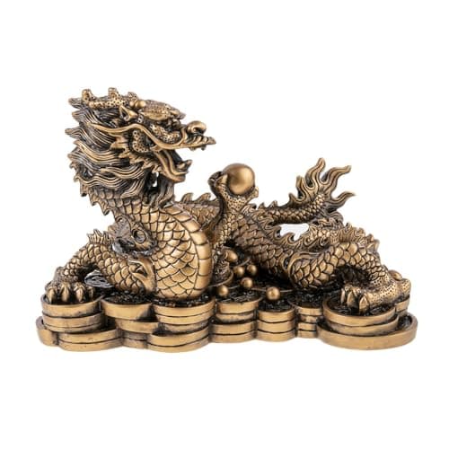 lachineuse - Figurine Grand Dragon Feng Shui - Statuette Dragon sur Sapèques - 14 x 21 x 11,5 cm - Symbole de Puissance, Force & Longévité - Décoration Asiatique Chinoise - Coloris Doré