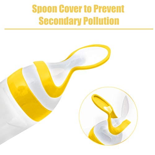 Baby Feeder Bottle, 1Pc 90 ml Silicone Baby Biberon Sans BPA Infantile Nouveau-né Toddler Fresh Food Cereal Squeeze Style avec une cuillère et une couverture hygiénique (Jaune)