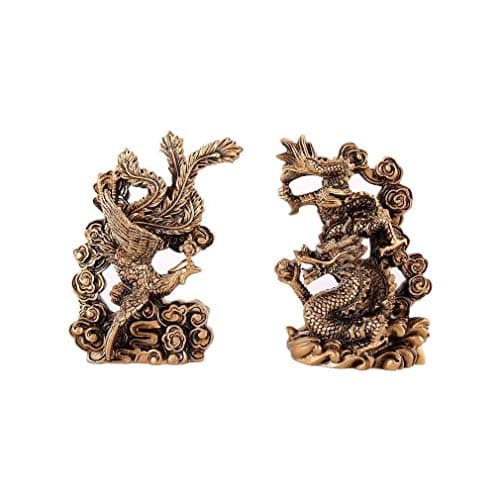 lachineuse - Figurines Couple Dragon & Phénix - Statuettes Feng Shui - Symbole de Bonheur Familial & Conjugal - pour Bureau, Maison - Décoration Chinoise Asiatique - 13 x 9 x 4,5 cm - Coloris Doré