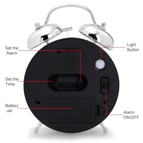 Lafocuse Reveil Double Cloche Analogique sans Tic-tac, Réveil Métal Bleu avec Grand Cadran, Horloge de Table Silencieuse avec Lumière de Nuit pour Chambre Bureau 16cm