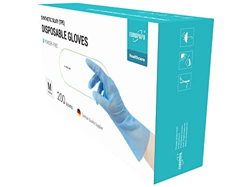 EUROPAPA® Lot de 100, 200, 300, 450 pièces - En TPE transparent et bleu - Gants jetables en caoutchouc sans latex - Non poudrés - Tailles S, M, L, XL (Bleu-200, XL)