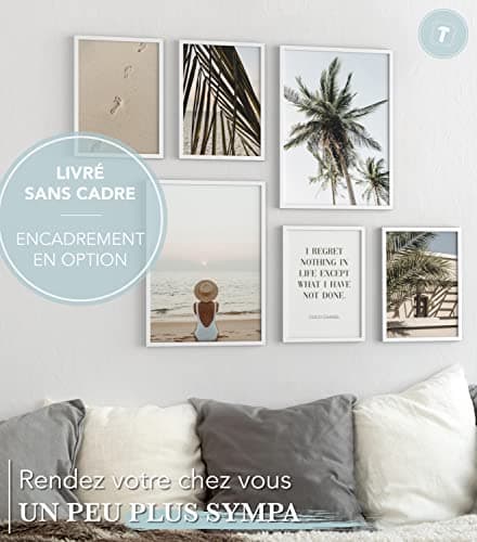 Papierschmiede® Set Mood Posters, Tableau Décoration Murale sans cadres « Coco Beach » Bureau, Salon, Deco Chambre Parentale, Cuisine, 2x A2 et 4x A3, palmiers plage beige vert
