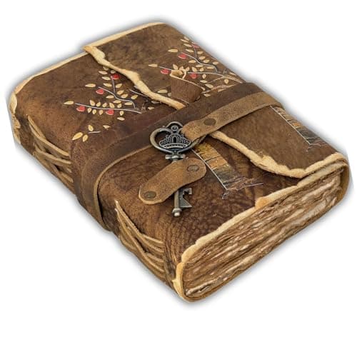 Urban Leather Journal intime avec motif arbre de vie, feuilles de cœur, pages rustiques, anciennes et anciennes, couverture en cuir, journal intime imprimé, papier vierge vierge