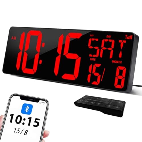 XREXS 17'' Horloge Murale Digitale, Calibrage Automatique de l'heure Via Bluetooth, Horloge Numérique, Luminosité Réglable, Horloge Murale Numérique avec Heure/Date/Température/Alarme/Minuteur