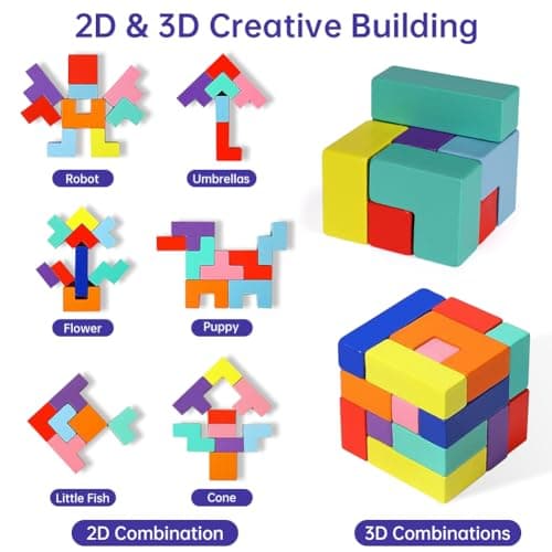 Ainiv Jeu de Blocs Russes Colorés 3D, Puzzle Tangram en Bois, Puzzle de Blocs en Bois, Jouet de Casse-Tête D'intelligence, Cubes de Puzzle de Blocs 3D, Jouets D'intelligence pour Enfants (30 Pièces)