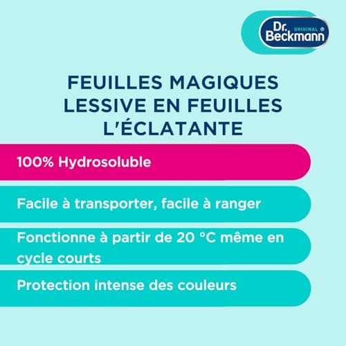 Dr. Beckmann FEUILLES MAGIQUES Lessive en feuilles L'ÉCLATANTE | Format pré-dosé, pratique et léger | 100% hydrosoluble, facile à utiliser et ranger | 25 feuilles