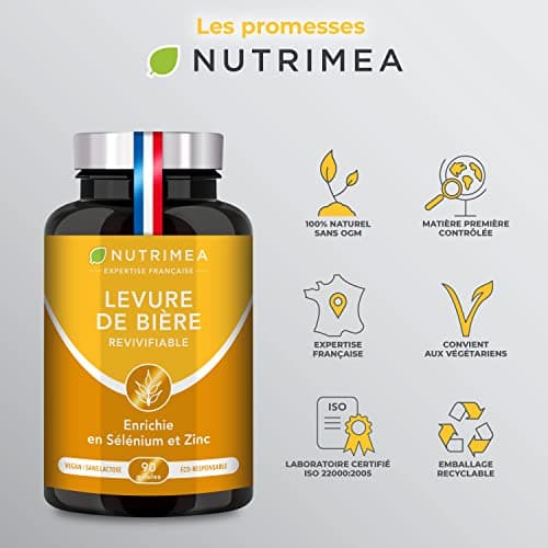 LEVURE Active DE BIERE REVIVIFIABLE - Complément Alimentaire Cheveux, Ongles & Peau - Enrichie en Zinc & Sélénium - Facilite le Transit - 90 Gélules Vegan - Nutrimea - Fabriqué en France