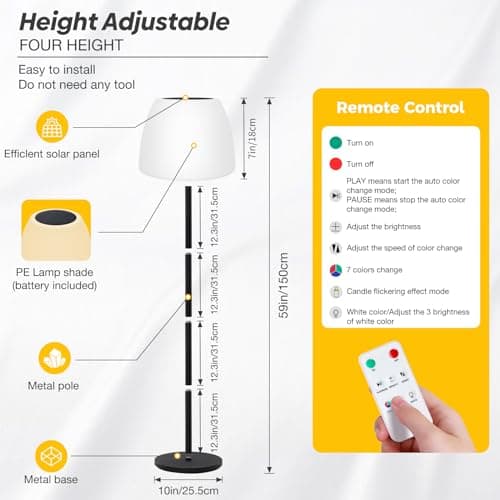 Licmic Lampadaire solaire d'extérieur avec capteur de lumière, à intensité variable, blanc chaud et RVB, lampe sur pied, sans fil, rechargeable, étanche, pour terrasse, jardin.