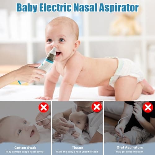 Mouche Bebe Electrique, Mouche Bebe Rechargeable avec 3 niveaux d'aspiration et 2 silicone doux, Aspirateur Nez Bebe avec de la musique pour les nouveau-nés et les tout-petits,Bleu