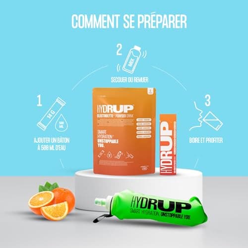 Hydrup Poudre d'Electrolytes sans Sucre avec Bouteille d'Eau Pliable, 1733 mg Kit d'Electrolytes Hydratation, Boisson Energisante aux Orangex et Mandarinex, 6 Unités