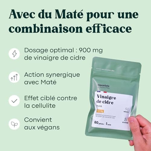 Vinaigre de Cidre avec Maté, Effet Coupe-Faim et Draineur Naturel pour la Perte de Poids, Avec Yerbé Maté, Cure de 1 mois, 60 Gélules, Fabriqué en France, Essentials by Novoma