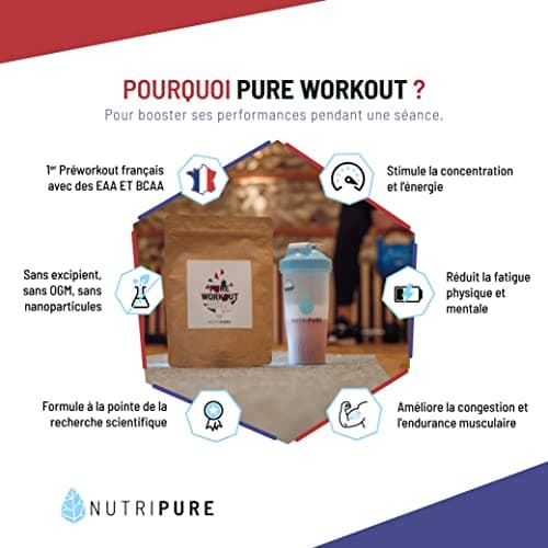 Nutripure | Pure Workout | Complément alimentaire | Pre Workout sans caféine | EAA, BCAA, Citrulline Kyowa®, Bêta-alanine CarnoSyn®, Tyrosine | Arôme naturel myrtille | 15 x 21g | Fabriqué en France