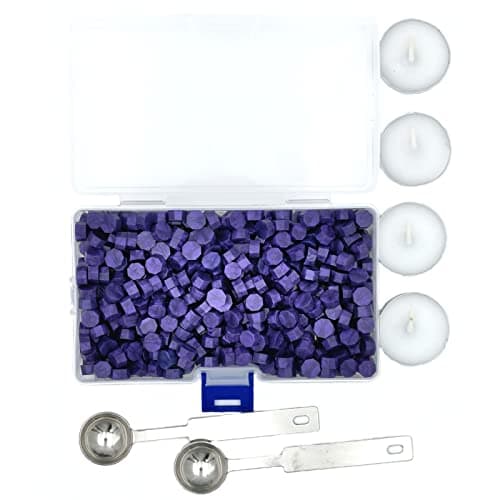 500 Pièces Perles de Cire à Cacheter Sceaux de Cire Octogonaux avec 2 Cuillères de Fusion et 4 Bougies de Thé pour Sceller et Décorer des Lettres(Violet)