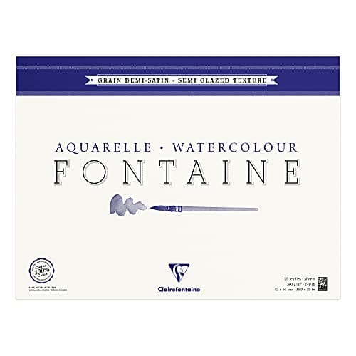 Clairefontaine 96409C Bloc Encollé 4 Côtés Fontaine - 25 Feuilles Papier Aquarelle Blanc 100% Coton Grain Demi-Satiné Qualité Professionnelle 42x56 cm 300g