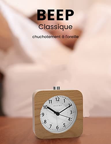 aboveClock Reveil Matin à Piles, Reveil Bois, Réveil Silencieux sans Tic Tac, Reveil Analogique de Voyage Lumineux avec Fonction Snooze, Reveil à Aiguilles Alarme Sonore Croissante【Bois Clair】
