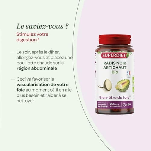 SUPERDIET - RADIS NOIR ARTICHAUT BIO – Bien-être du foie – Phytothérapie – Fabrication française – 80 comprimés