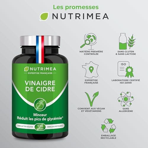 Vinaigre de Cidre - 1500 mg - Avec Chrome - Aide à la Perte de Poids, Contrôle du Taux de Sucre Sanguin - Alternative au Morosil - Goût Neutre - 120 Gélules Vegan - Nutrimea - Fabriqué en France