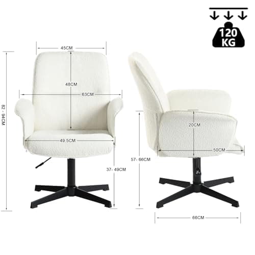 Meuble Cosy Fauteuil de Bureau Chaise de Coiffeuse Ergonomique Siège Pivotant Hauteur Réglable avec Accoudoir en Bouclette sans roulettes Jambes Croisées Capacité 120 kg Blanc