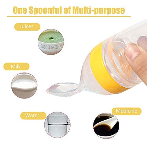 Baby Feeder Bottle, 1Pc 90 ml Silicone Baby Biberon Sans BPA Infantile Nouveau-né Toddler Fresh Food Cereal Squeeze Style avec une cuillère et une couverture hygiénique (Jaune)
