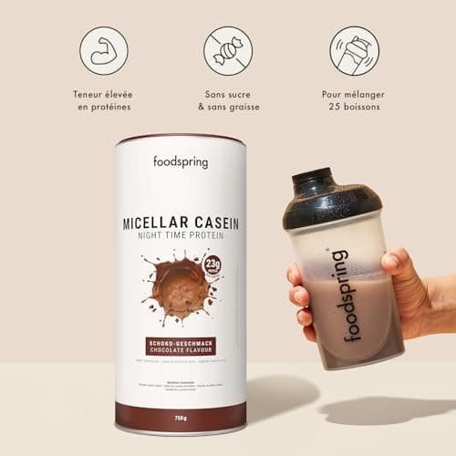 foodspring Caséine Micellaire en Poudre - isolat d' caséine protéine - avec tous les EAA - sans sucre - 23g de proteine par shake (750g | Chocolat)