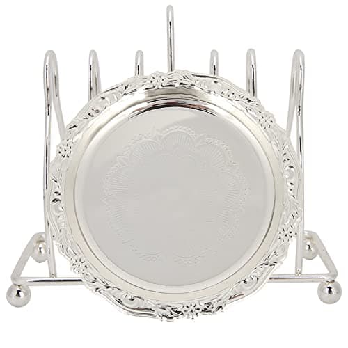 Tomotato 6 Pièces Dessous de Verre, 10cm sous-Verre Ronde en Métal Rétro de Style Européen avec Support, Tapis de Tasse Antidérapants pour Mariage, Dîners, Restaurant, Hôtel(Argent)