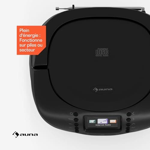 AUNA Roadie Smart Lecteur CD Portable – Bluetooth Boombox avec Radio Dab+/FM/Internet, Lecteur CD/Mp3, Écran Tft 2,4", Batterie, Haut-Parleurs 3W, USB/Aux, Noir
