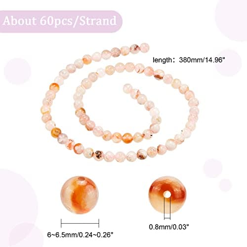 OLYCRAF 60pcs 6mm Perles D'Agate Fleur Cerisier Perles D'Agate Naturelle Perles Vrac Pierres Précieuses Perles Rondes pour Bijoux Bracele Bricoler Soi-Même Fabrication de Colliers - Trou: 0.8mm