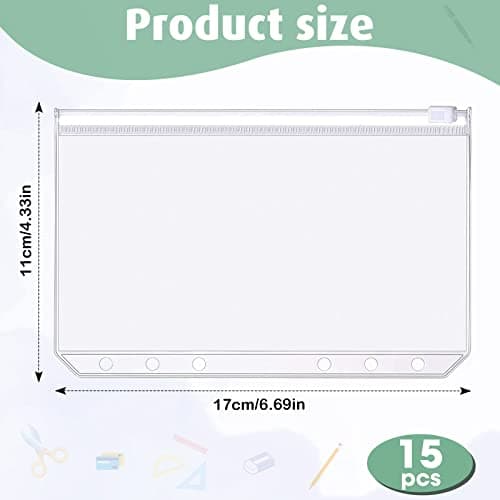 Oderra 15Pcs Pochettes Classeur A6, 6 Trous Pochette Plastique budget enveloppe pour documents cartes photos Transparent Budget Binder A6