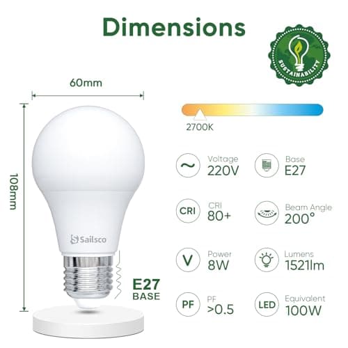 Sailsco Classe B Ampoule LED E27 Blanc Chaud,8W Equivalent Ampoule Incandescence 100W, 2700K Lumière Blanche Chaude 1521LM, Ampoule à économie d'énergie A60, Non-Dimmable, Lot de 6