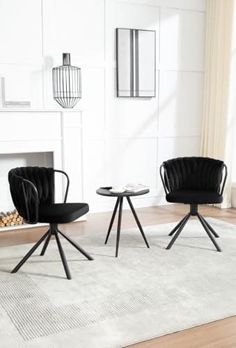 WOLTU Chaise de Salle à Manger Pivotante Lot de 4, Fauteuil Rembourré avec Dossier Tressé et Pieds en Métal, Chaise Scandinave, en Velours,Noir,EZS72sz-4