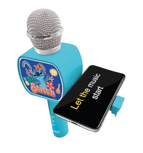 Lexibook- Disney Stitch, Microphone Bluetooth avec Fonction Changement de Voix, Enceinte intégrée, Support de téléphone Inclus, MIC240D, Bleu, Taille Unique