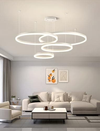 YYUTLUO Lustre LED Moderne DIY Cercle | 4 Blanc Anneaux :40+60+80+100cm=120W | Éclairage Suspendu LED Métal+Acrylique Télécommande Intensité Variable 2,4G Lampe Suspendue Plafond Ronde Salon