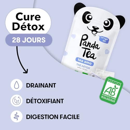 Panda Tea - Thé Earl Grey Tea Amo Detox Bio - Brule Graisse, Coupe Faim, Draineur, Slim Fit, Tisane à Froid ou Chaud ou Glacée - Certifié Biologique - Cure 28 Sachets Coton
