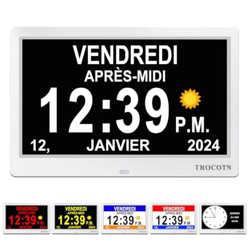 TROCOTN 10 Pouces Horloge numérique Horloge de Jour Grand écran réveil Horloge Murale (Blanc)