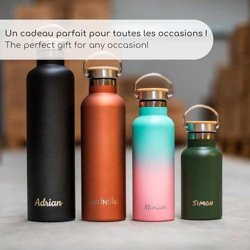 Milu Gourde en acier inoxydable avec gravure 350ml 500ml 750ml 1000ml (+3 couvercles) - Idée cadeau cadeau personnalisé avec prénoms Noël pour hommes femmes maman papa amis | (1000ml + gravure)
