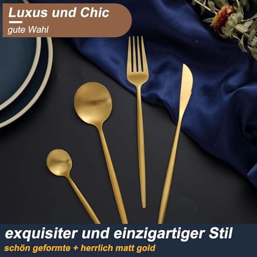 Bestdin set couverts de table 6 personnes dorés, ensemble de couverts inox 24 pièces, Comprend des couteaux/fourchettes/cuillères, fini mat et lavable au lave-vaisselle, facile à nettoyer