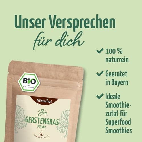 Poudre d'herbe d'orge BIO (500g) | De culture allemande | Qualité alimentaire brute | 100% poudre d'herbe d'orge | Résidus contrôlés | vom-Achterhof