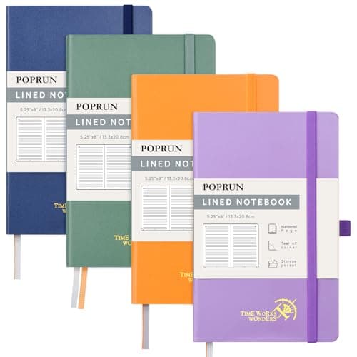 POPRUN Carnet de notes ligné A5 Paquet de 4, Couverture rigide, Papier 120 g/m2, 128 Pages Numérotées, Étiquettes Autocollantes et 8 Feuilles Détachables, Bleu marine,Orange,Vert minuit,Violet