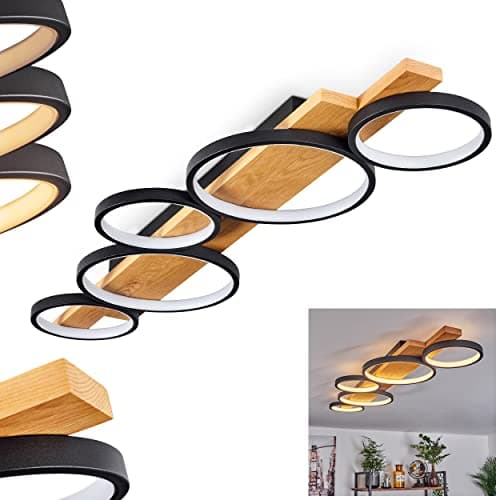 Plafonnier LED Rodekro, plafonnier à intensité variable en métal/bois en noir/nature/blanc, luminaire à intensité variable avec poutre en bois, LED 44 watts, 3000 K, 5100 lumens