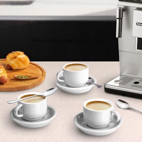 homEdge Lot de 4 tasses à expresso et soucoupes de qualité supérieure avec cuillères à expresso, 70,9 g, blanc