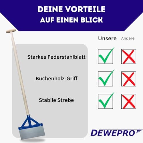 DEWEPRO Grattoir à choc avec manche en bois - Grattoir pour sol, goudron, plâtre, mortier – Très stable avec entretoises et lame en acier à ressort - Largeur : 300 mm - Longueur totale environ 137 cm.