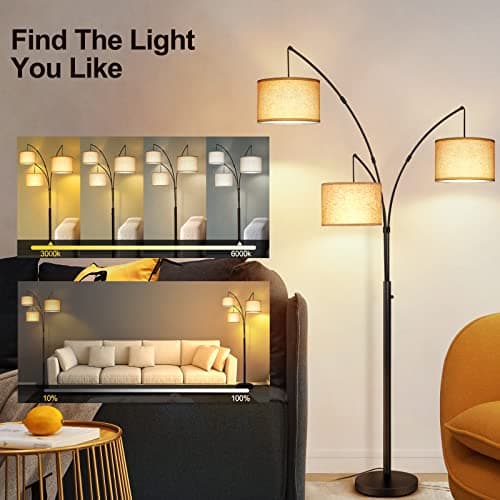 OUTON Arc LED-Stehlampe mit Fernbedienung, dimmbar, modern, schwarz, 3 Lichter, gewölbte hohe Stehlampe, Mid-Century, verstellbare Steh-Ecklampe mit Hängeschirm für Schlafzimmer, Büro, Wohnzimmer